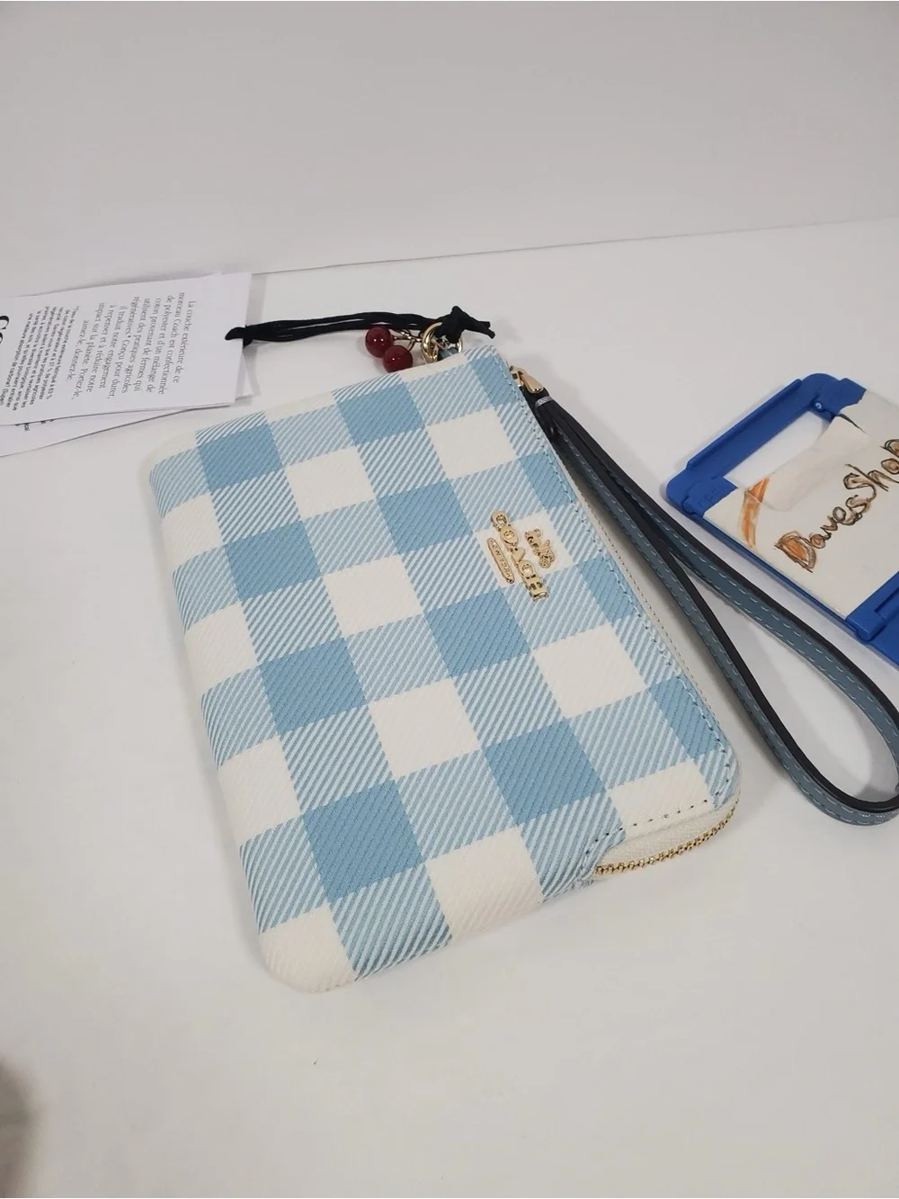 Coach Blue Gingham Wristlet Pouch with Cherry charm NWT
